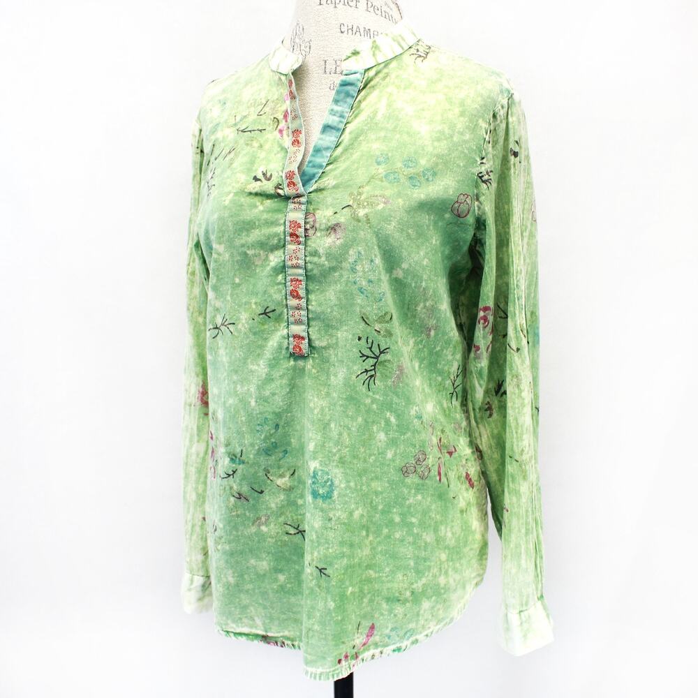 Vintage Goa Embroidery Boho Blouse Green 100% Cotton Ethnic Pullover Medium
